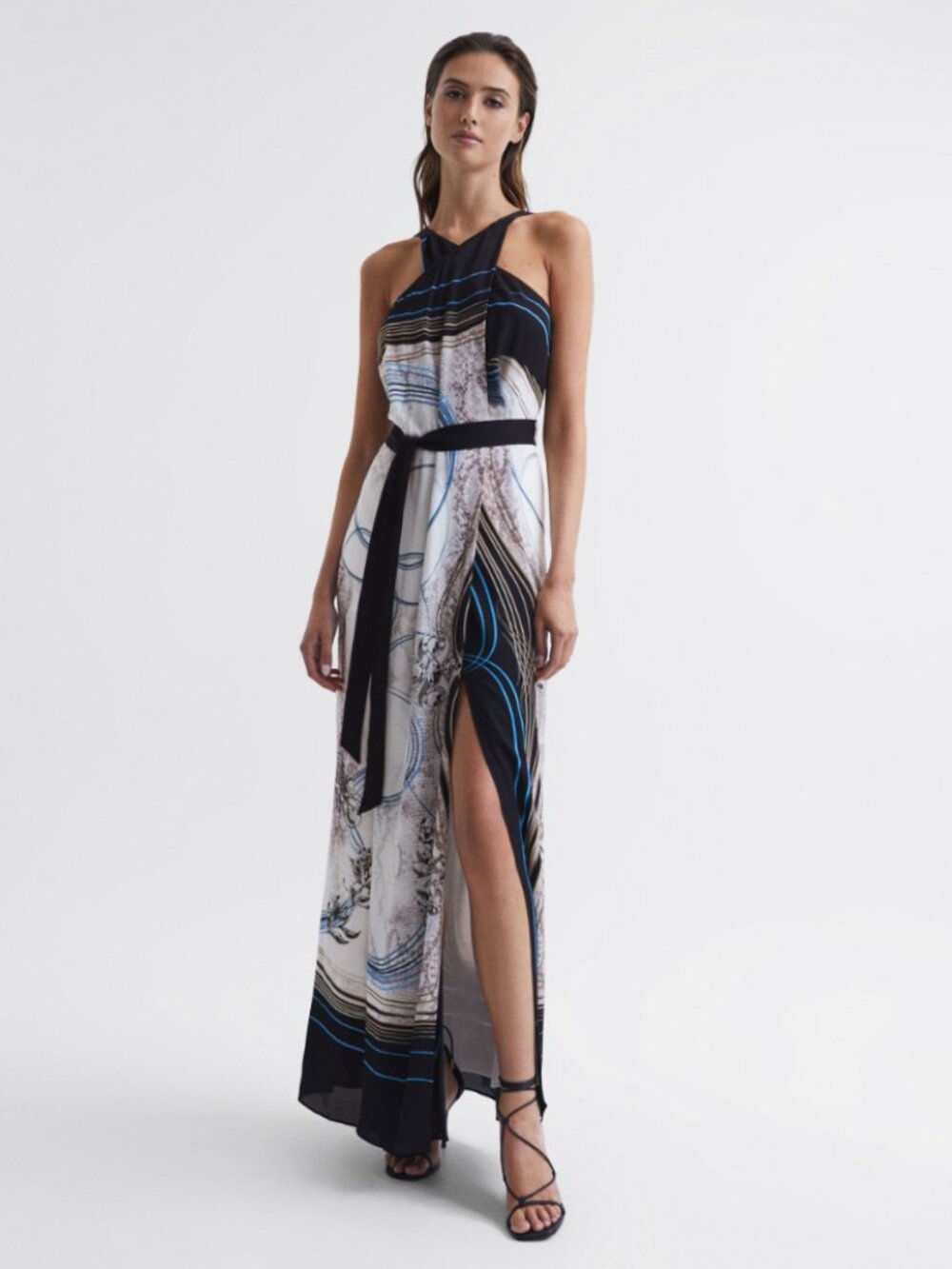 Reiss Black, White & Blue Halter-Style Printed Maxi Dress